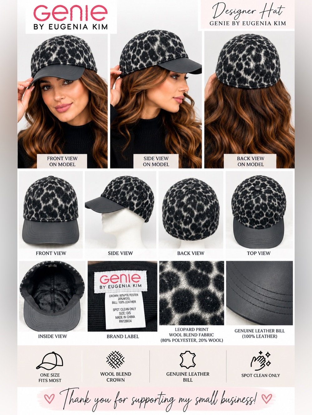 Genie by Eugenia Kim Leopard Print Wool Blend Leather Bill Baseball Cap O/S